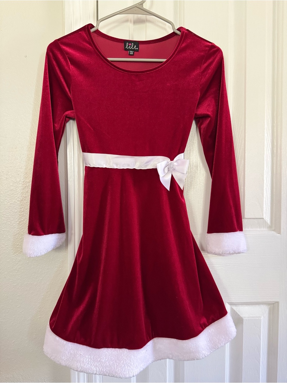 Girls Red Velvet Holiday Dress with White Faux Fur Trim